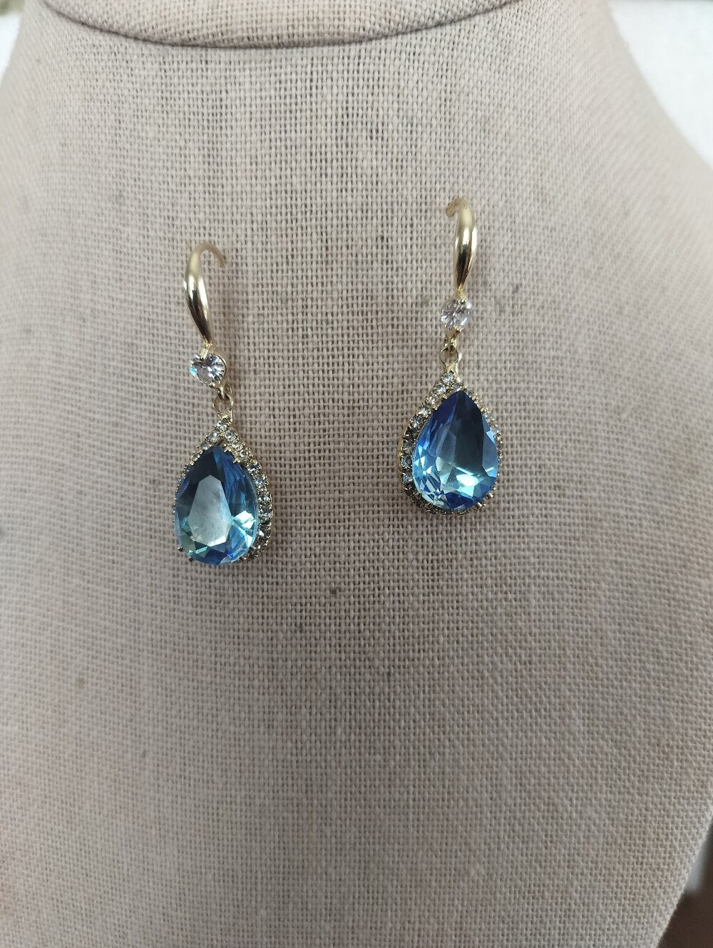 925 Sterling Silver Gold Drop Earrings with Blue Teardrop Crystals